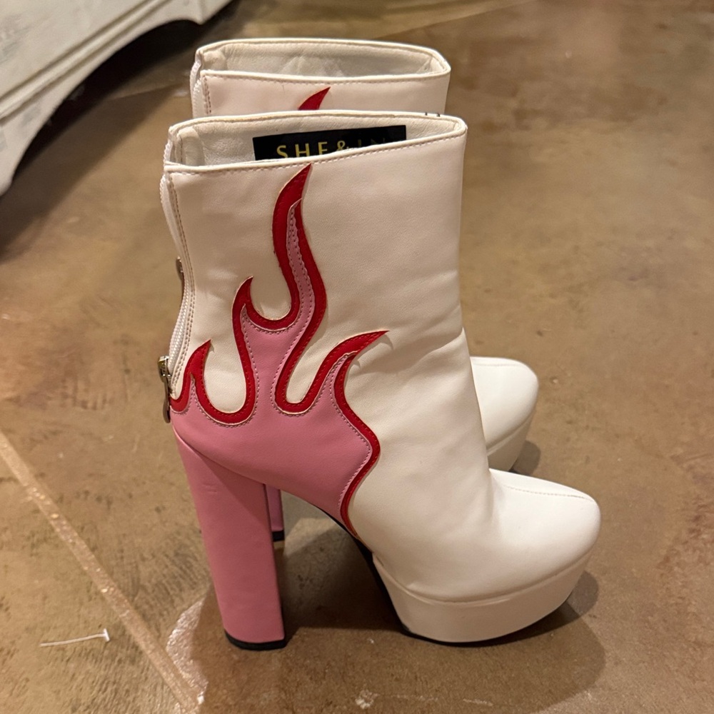 SHEIN White and Pink Heeled Boots with Red Flame
